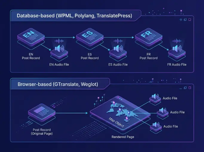 Diagram comparing database-based translation plugins to browser-based ones and how TTSWP attaches audio to each