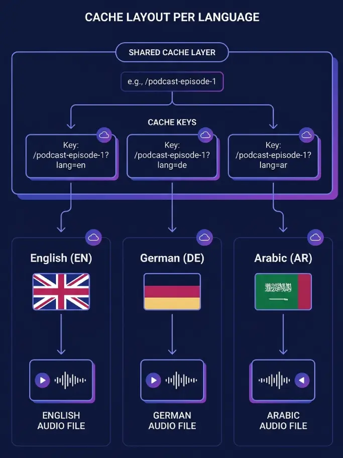 Illustration of three language paths each with a distinct cache key and audio file, including RTL layout for Arabic