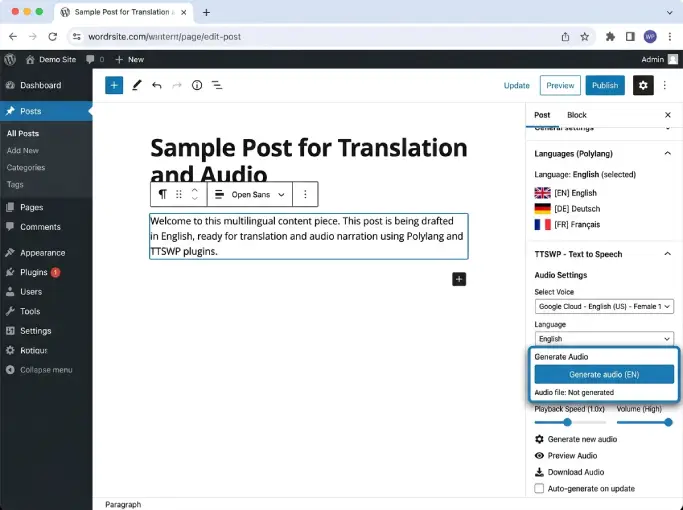 WordPress post editor showing Polylang language switcher and TTSWP audio panel side by side