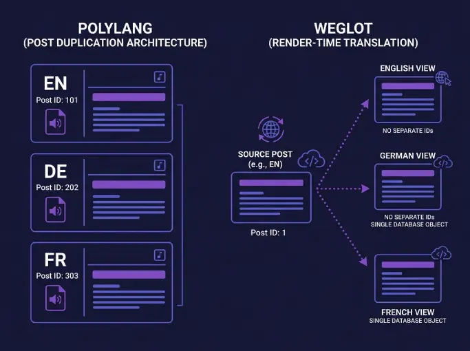 Diagram comparing Polylang post duplication with Weglot render-time translation