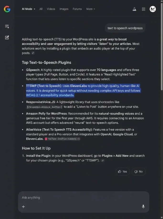 Google AI Mode result for text to speech wordpress citing TTSWP alongside GSpeech and Amazon Polly