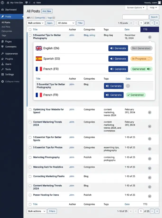 WordPress posts list with TTSWP column showing one row per language with a generate button on each