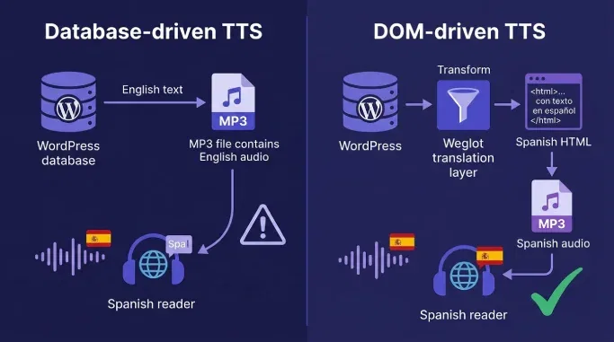 Diagram comparing database-driven TTS that ignores Weglot translations with DOM-driven TTS that produces language-matched audio