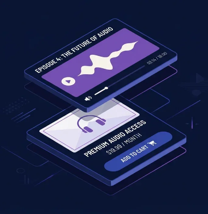 Audio player positioned above a WooCommerce product card showing title and add-to-cart button