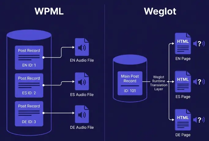 Diagram comparing WPML separate-post storage to Weglot runtime translation, with TTS audio file implications for each model
